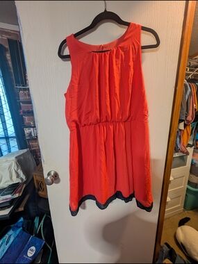 A. Byer Coral Red Sleeveless Skater Dress with Black Trim